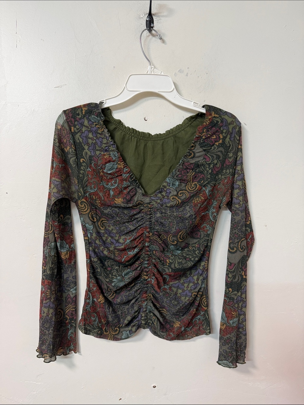 Floral Ruched Long Sleeve V-Neck Top in Olive Green Y2K